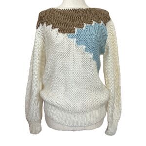 Vintage 80s Sharon Sports Knit Sweater S Acrylic Colorblock White Brown Blue